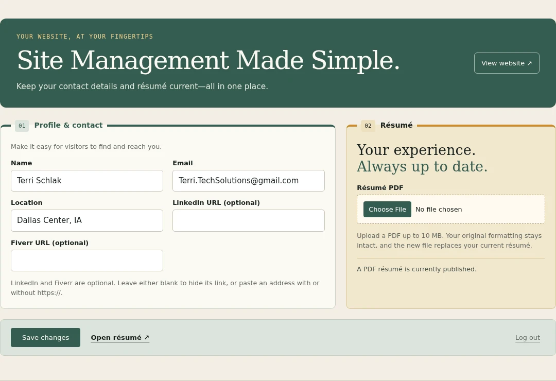 Terri Schlak Solutions admin editor with a sage green header, contact fields, résumé upload panel, and save controls